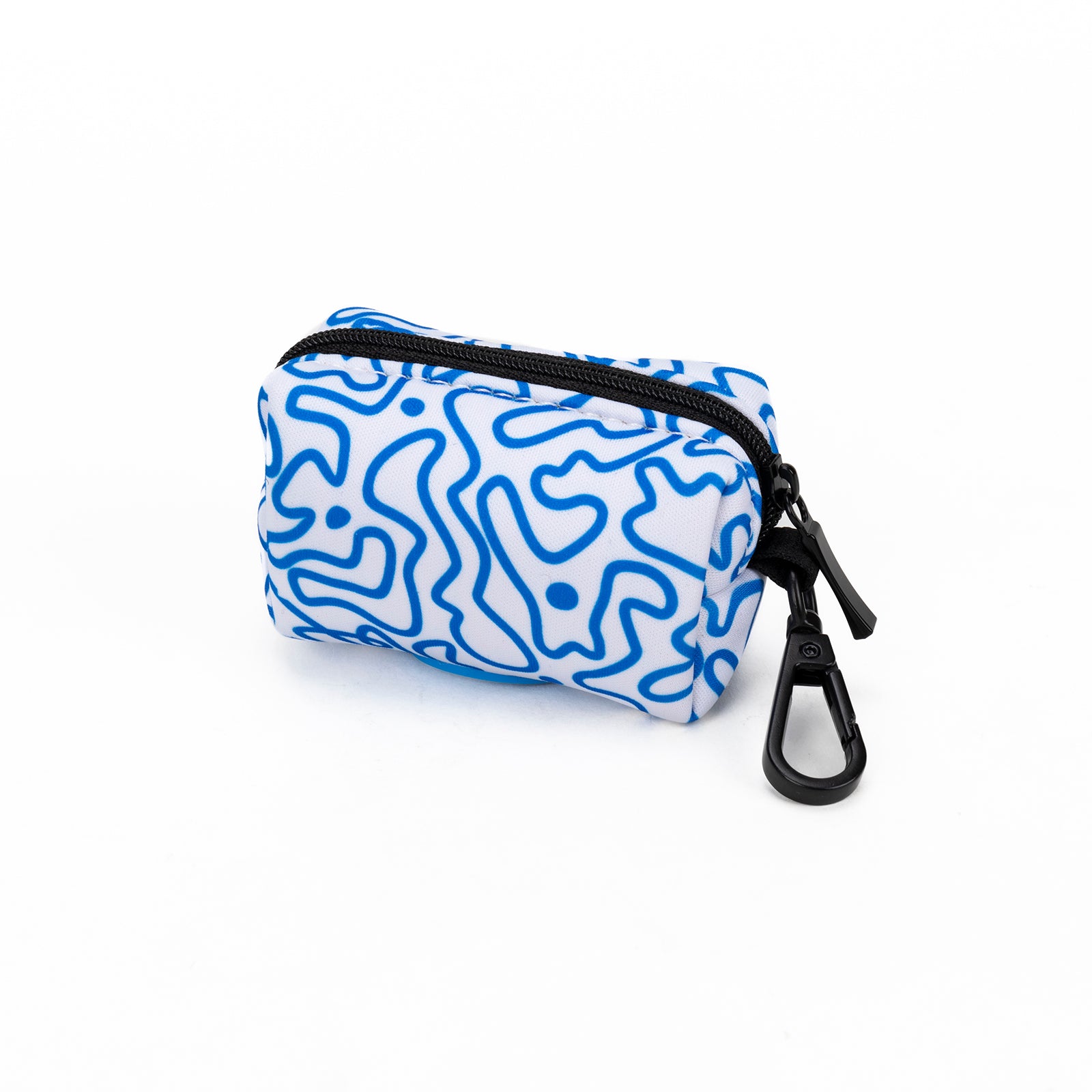 A blue swirly patterned poop bag holder with a zip close and a rubber dispenser slot, attached to a black carabiner.