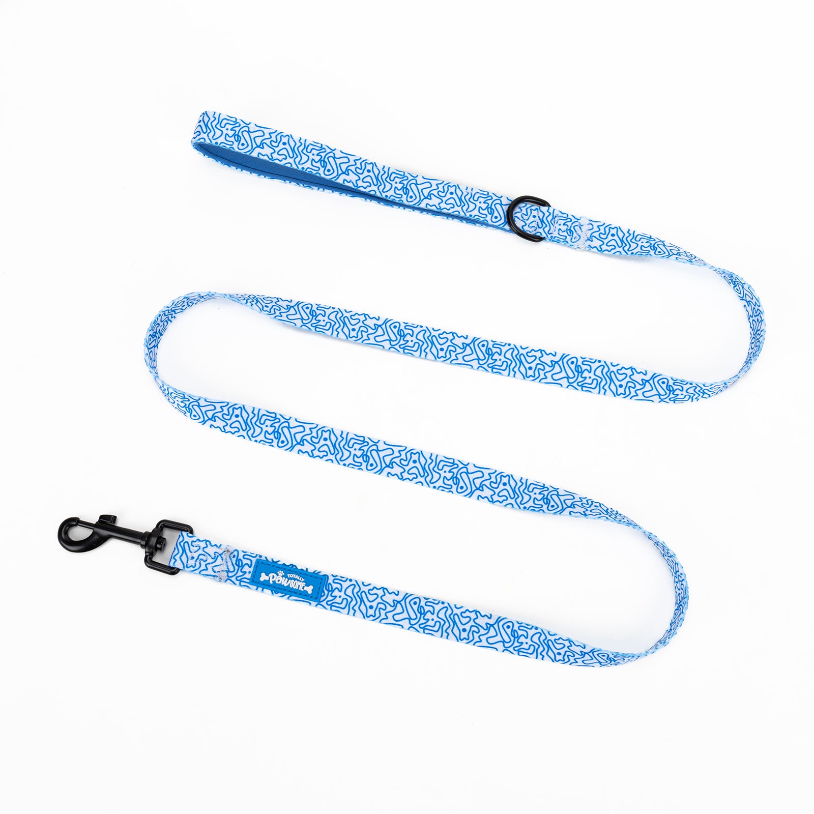 A blue and white swirly patterned dog lead with a padded handle and a metal clasp.