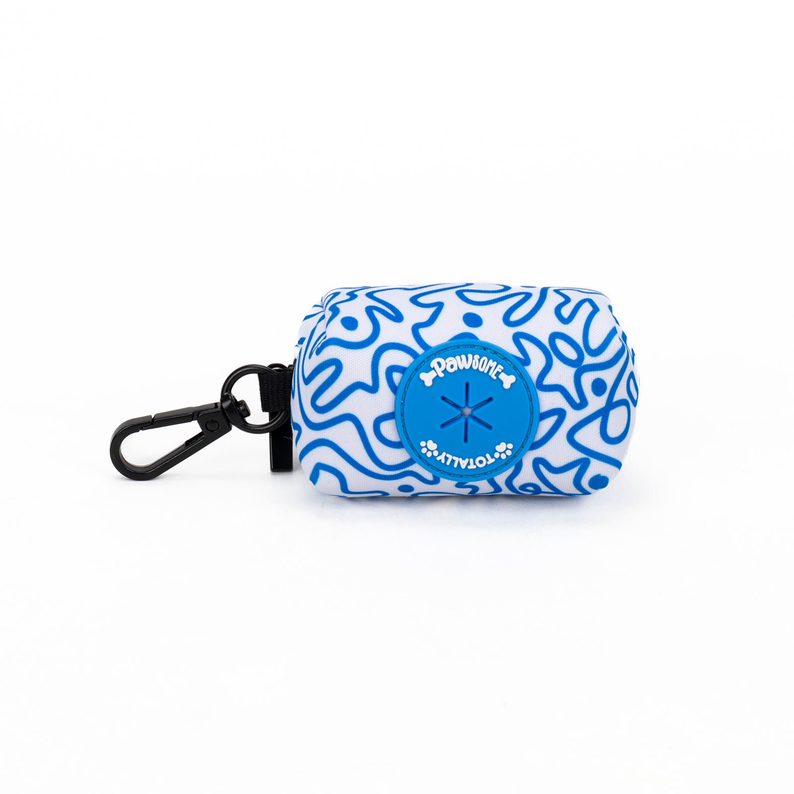 A swirly patterned blue and white poop bag holder with a clip and a zip close.