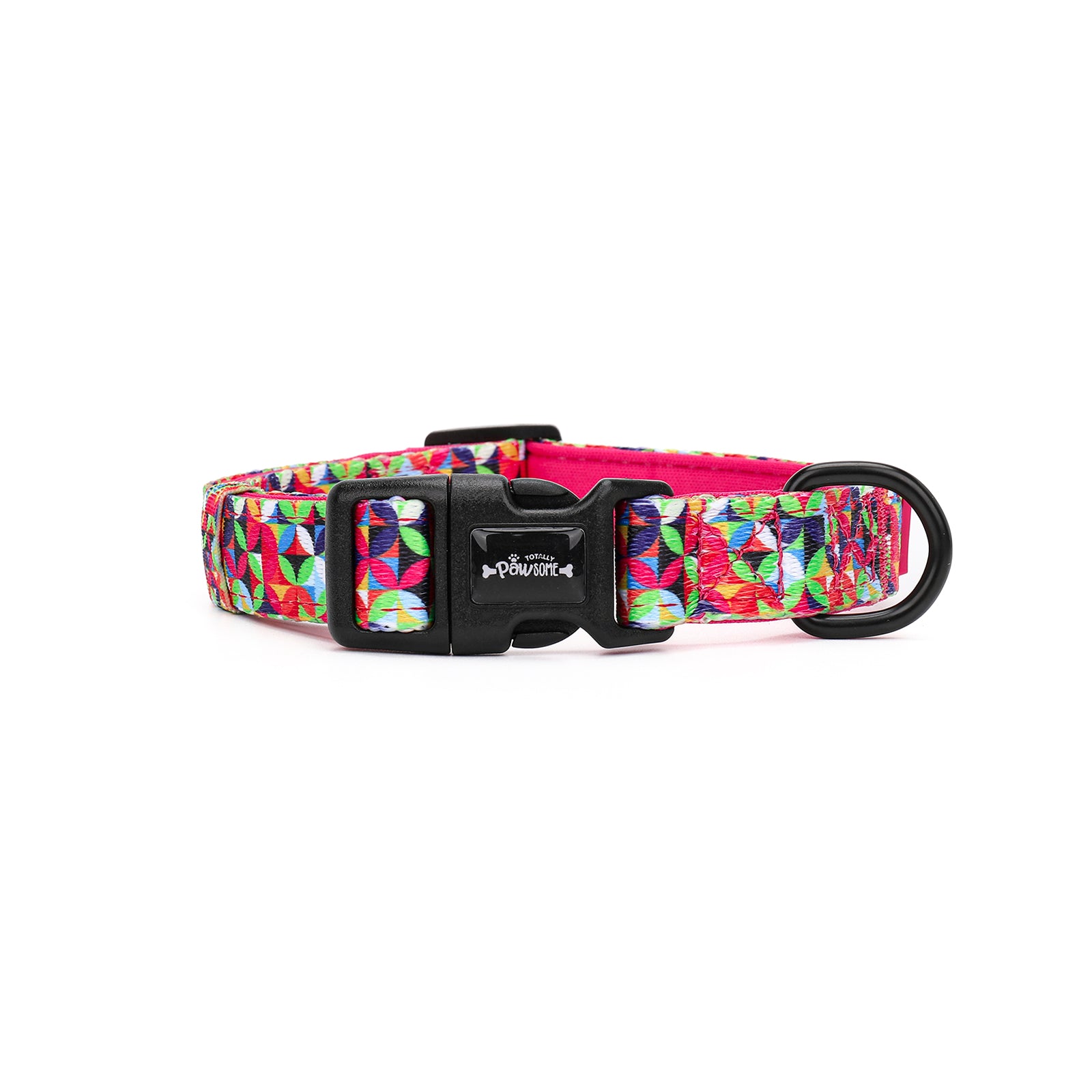 Colorful dog collar with a brand logo on a white background