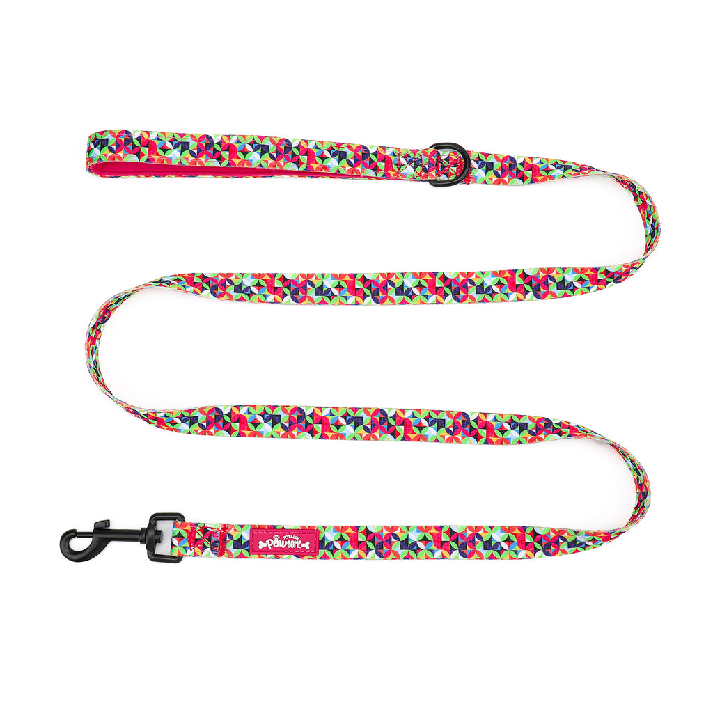 Colorful floral-patterned dog leash on a white background