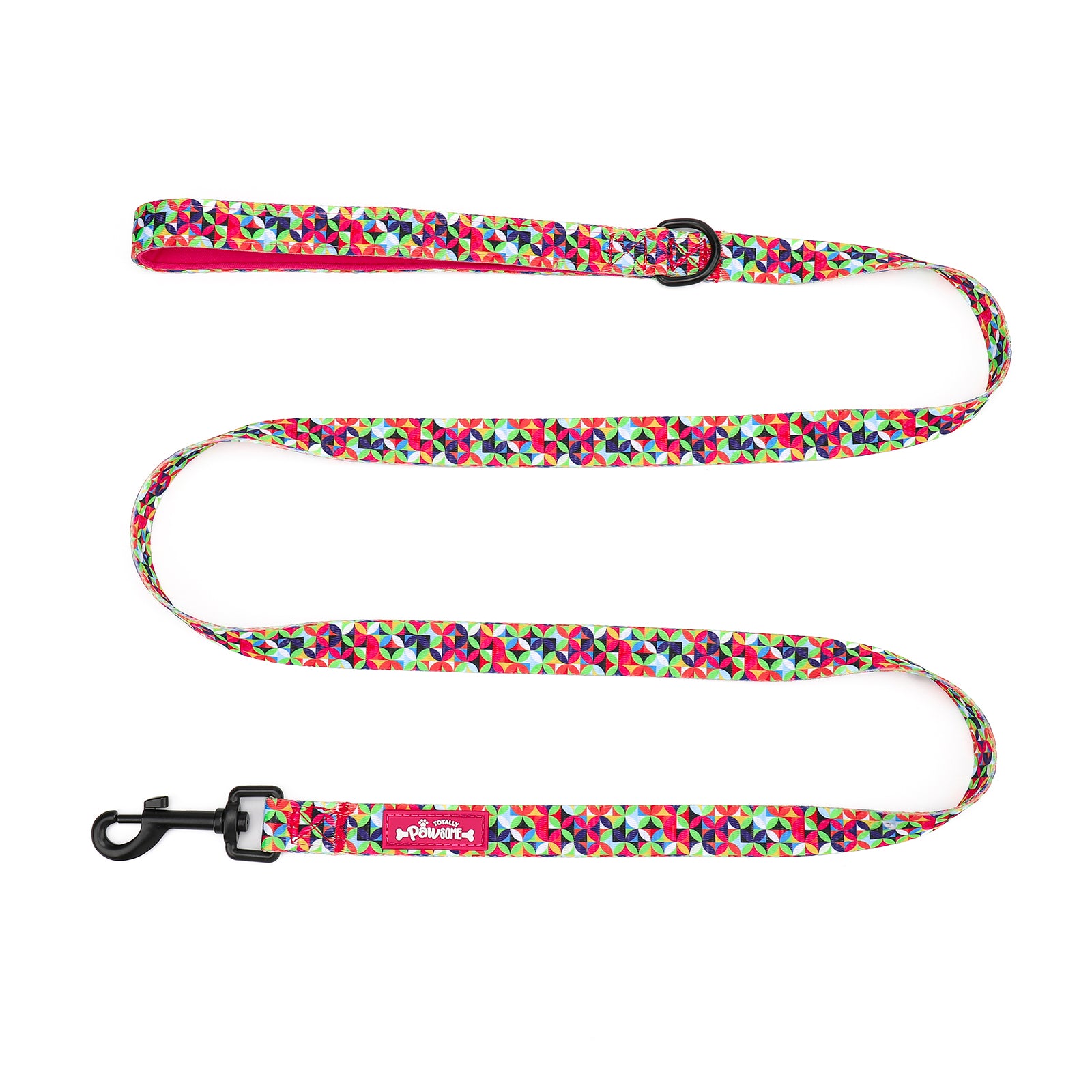 Colorful floral-patterned dog leash on a white background
