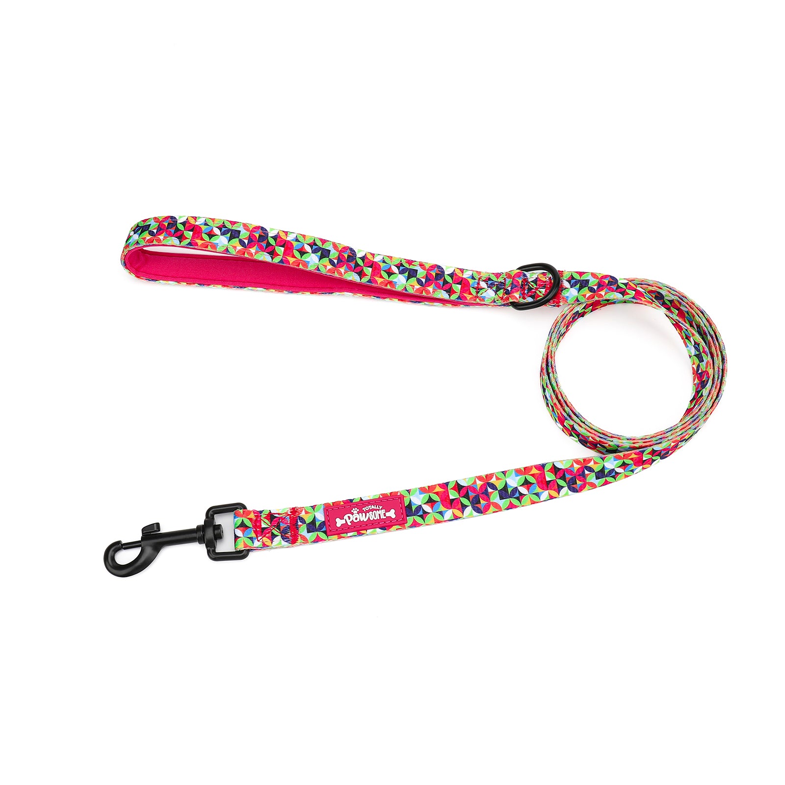 Colorful dog leash with floral pattern on a white background