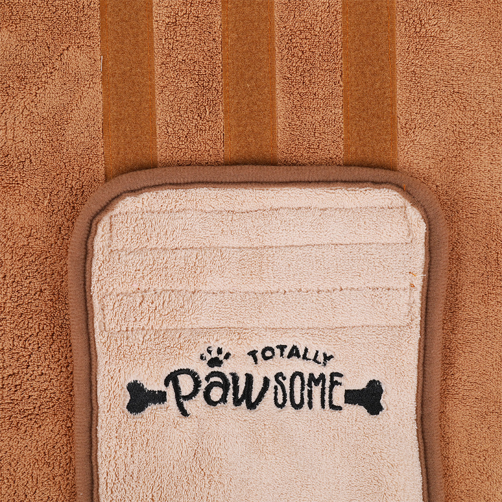 Brown bear-themed dog drying robe by Totally Pawsome featuring logo label and Velcro strap