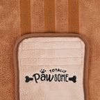 Brown bear-themed dog drying robe by Totally Pawsome featuring logo label and Velcro strap