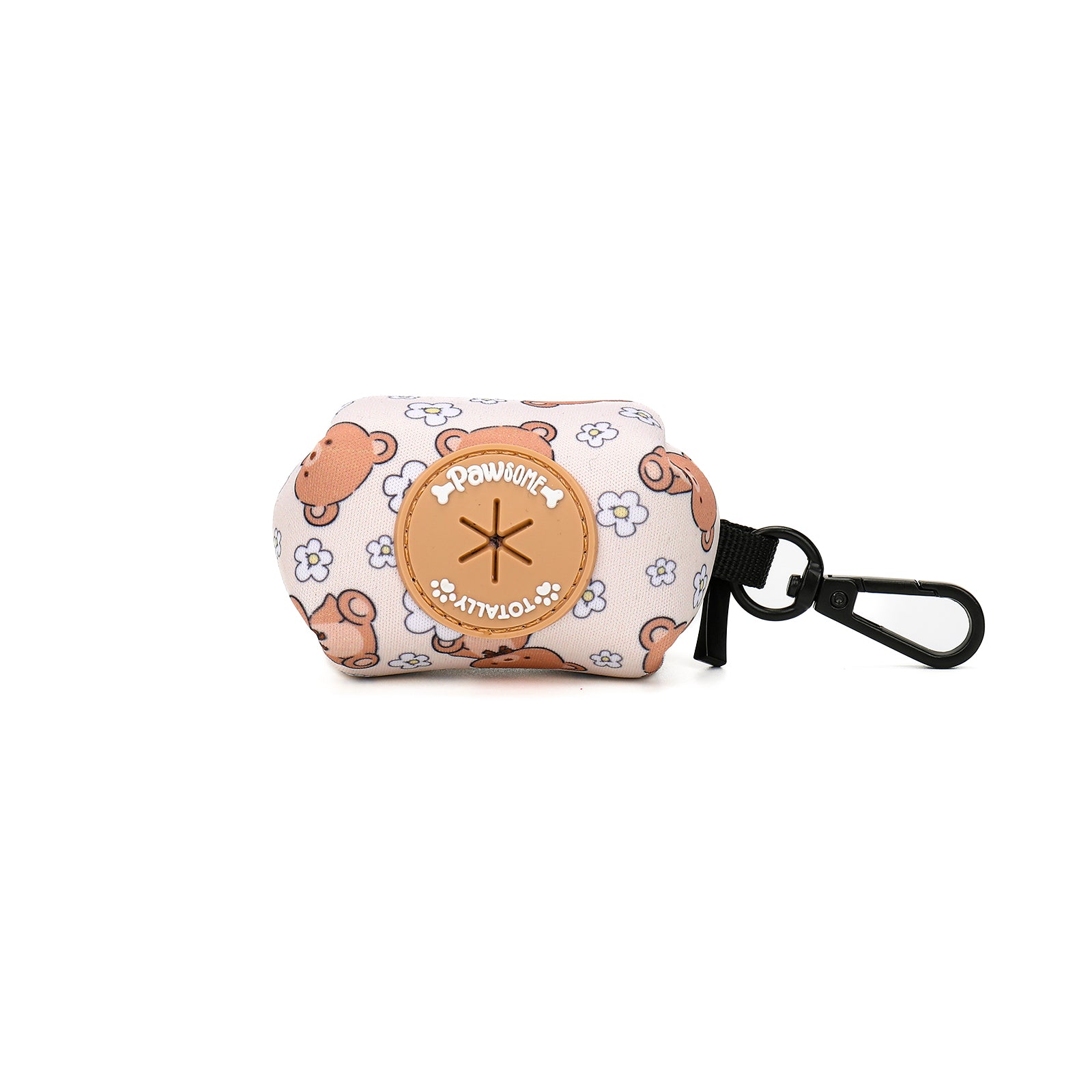 dog poop bag holder with bear pattern and brand logo on a white background