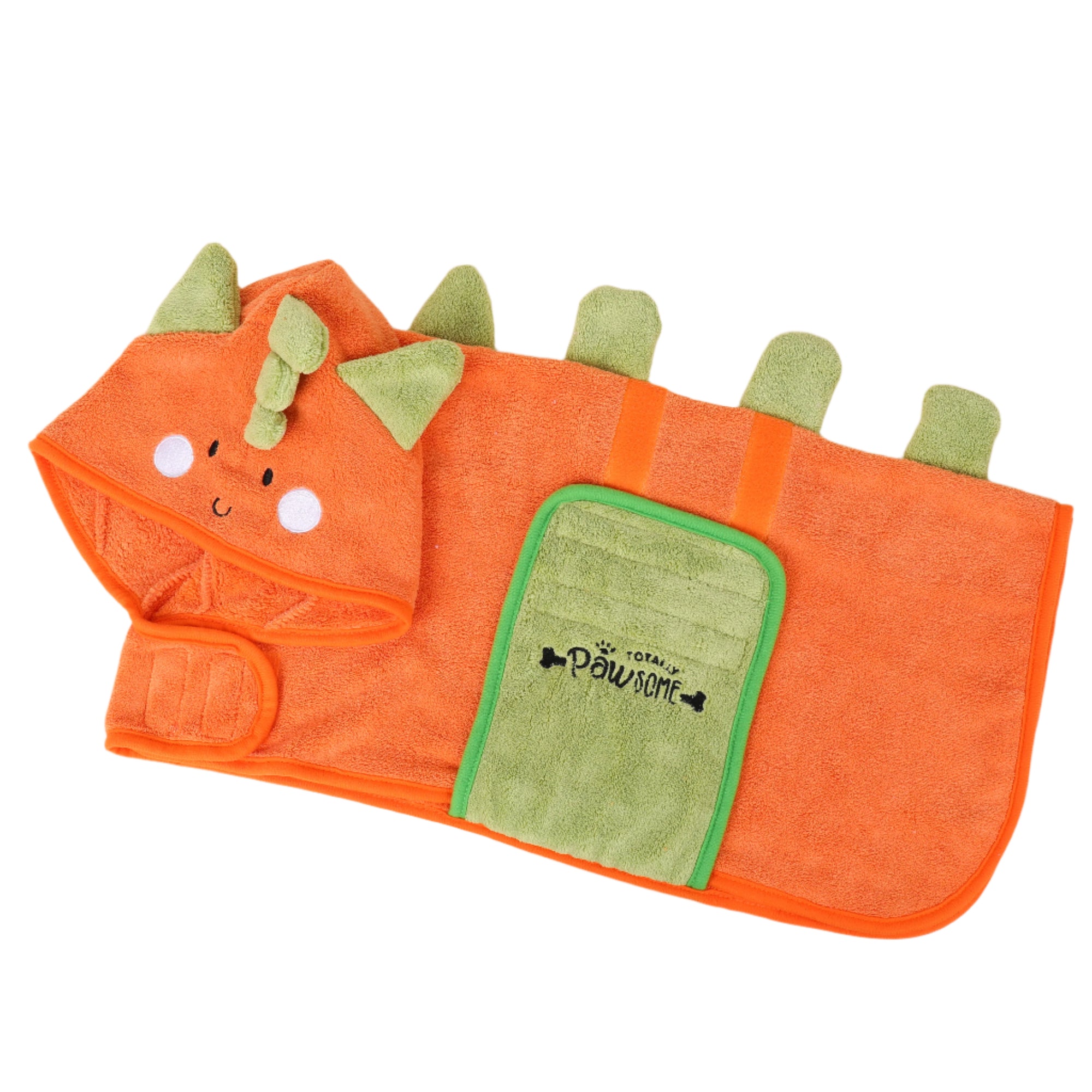 DinoPaws orange dinosaur-themed dog drying robe in flat lay, microfibre with hood and green spikes
