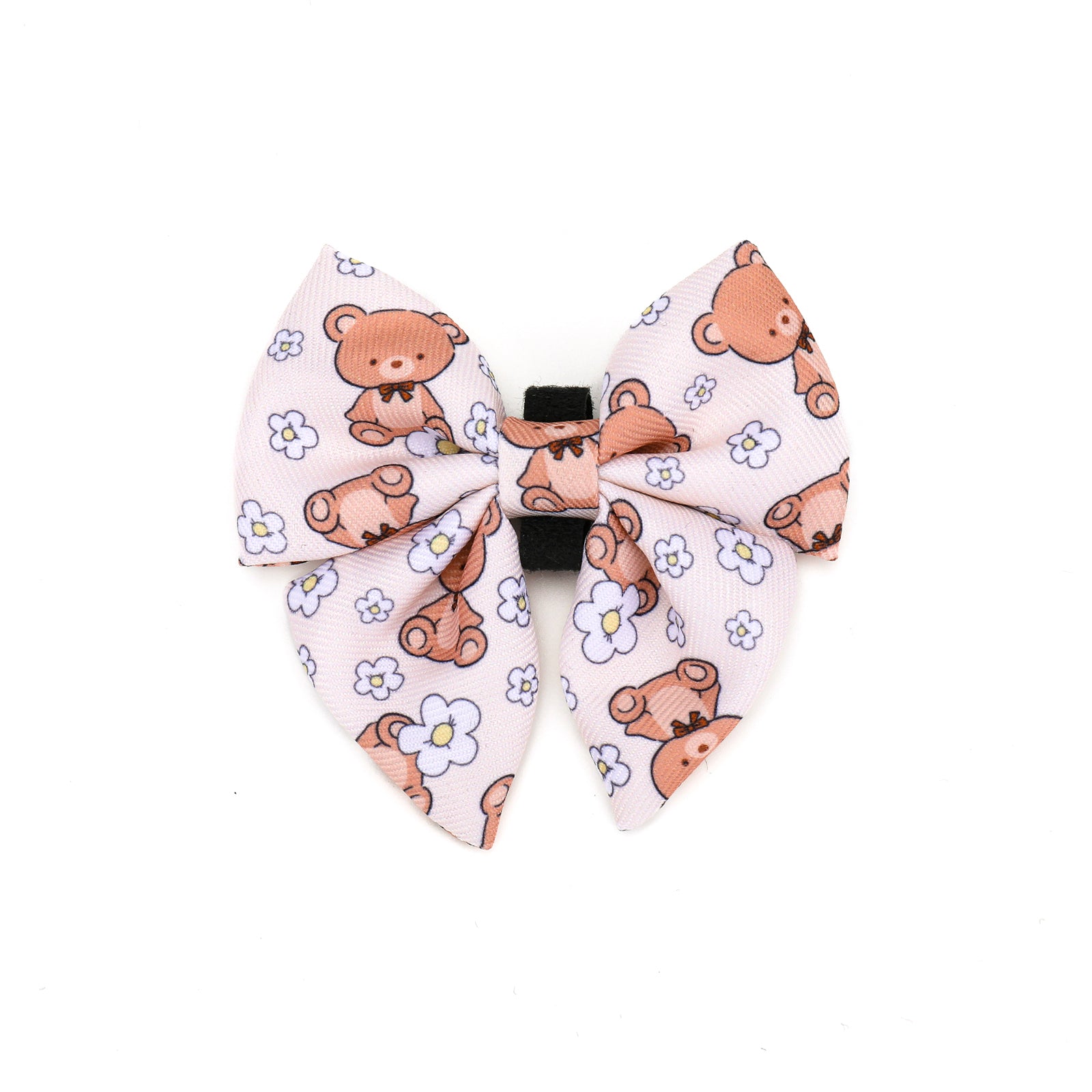 Bow tie with teddy bear and flower pattern on a white background