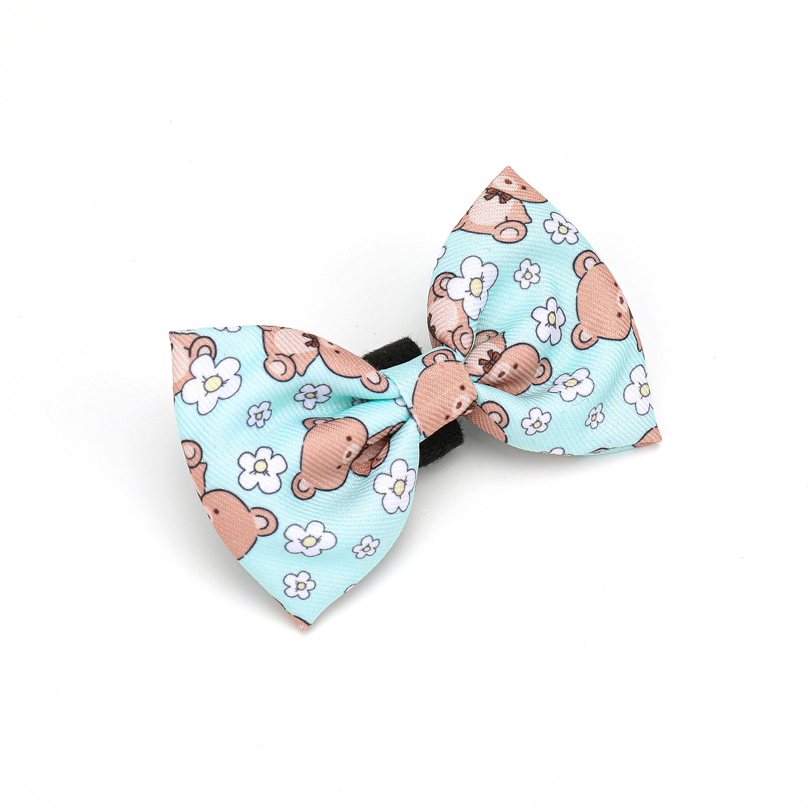 Dog bow tie with teddy bear and flower pattern on a light blue background