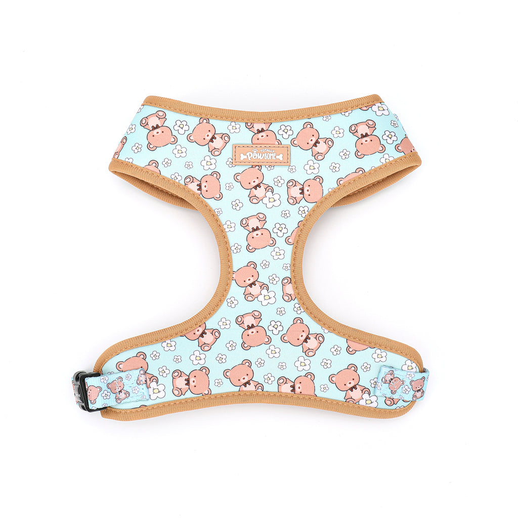 Dog harness with teddy bear pattern on a light blue background