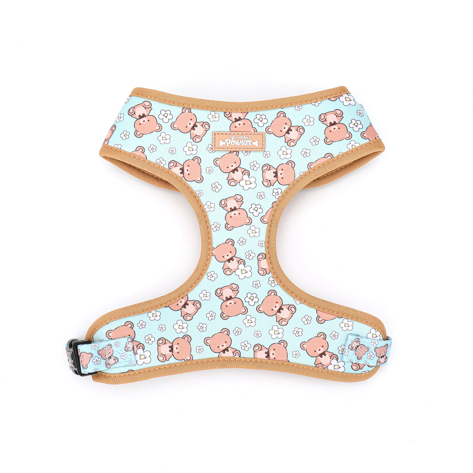 Dog harness with teddy bear pattern on a light blue background