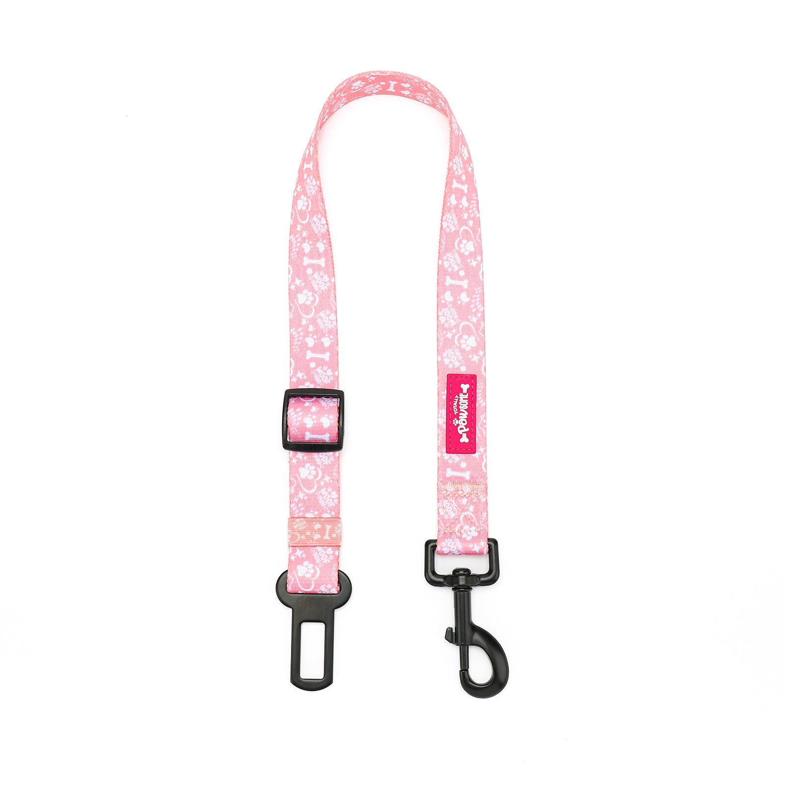 Pink floral patterned dog seatbelt with black clips on a white background