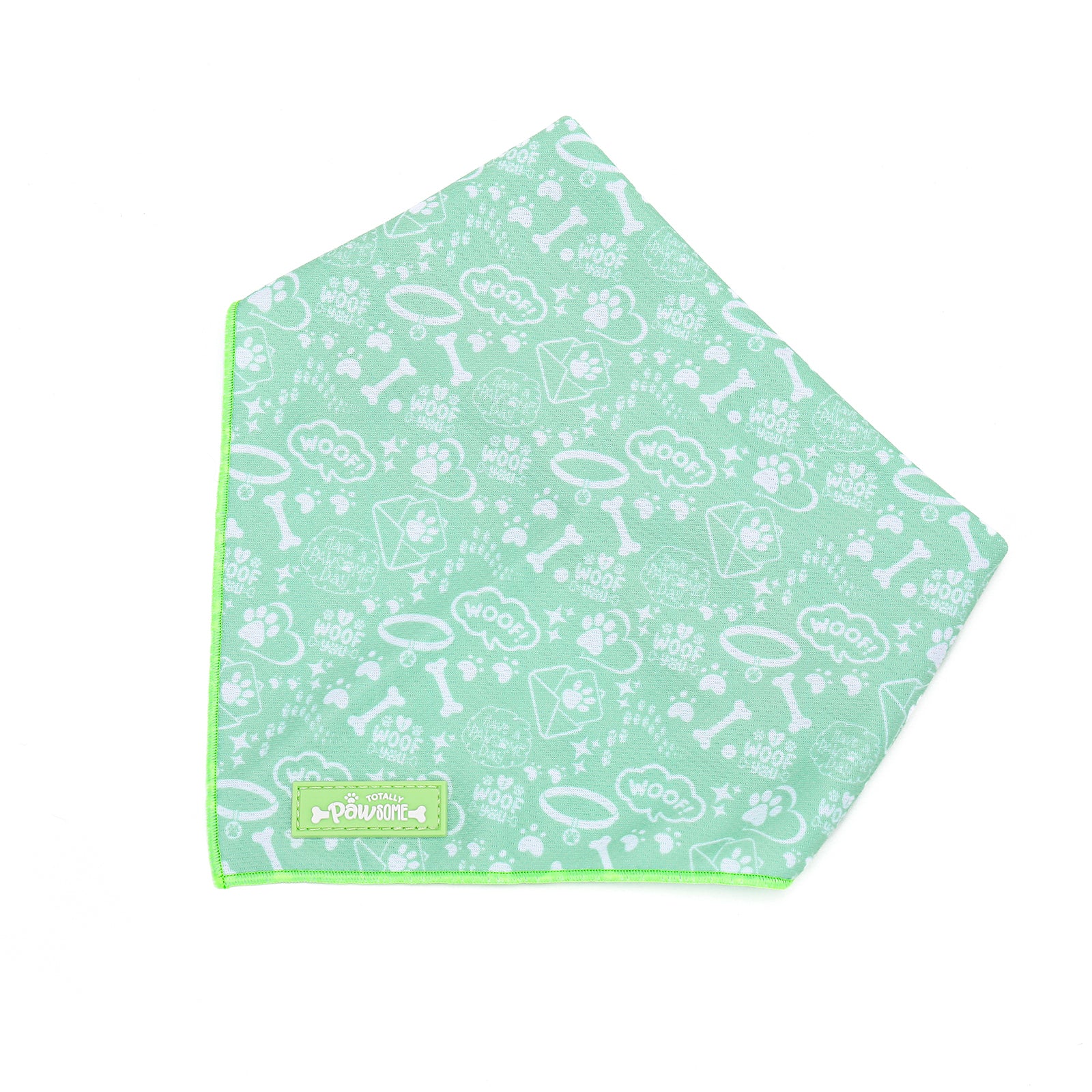 Green bandana with white paw print pattern on a white background