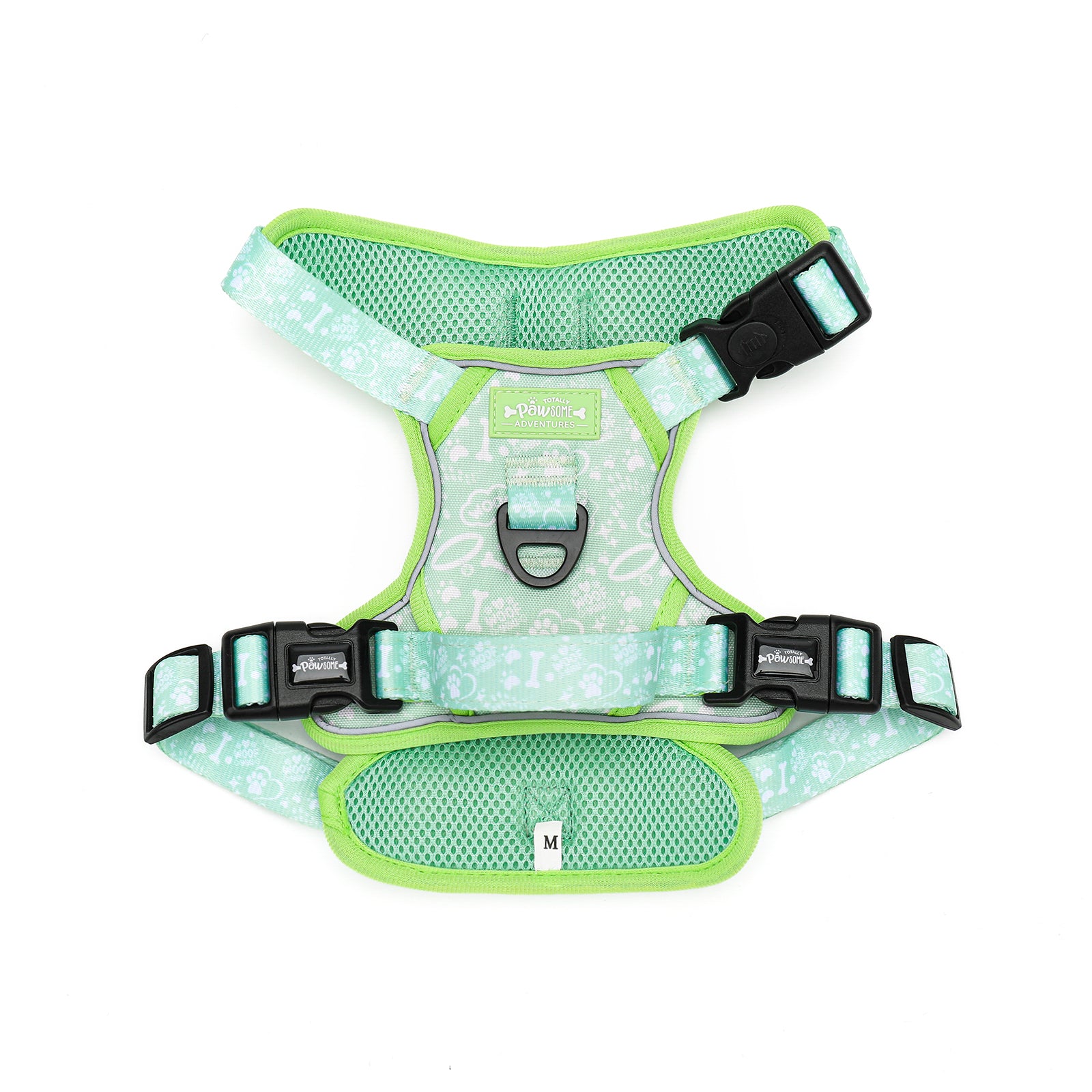 Green dog harness with reflective stripes on a white background