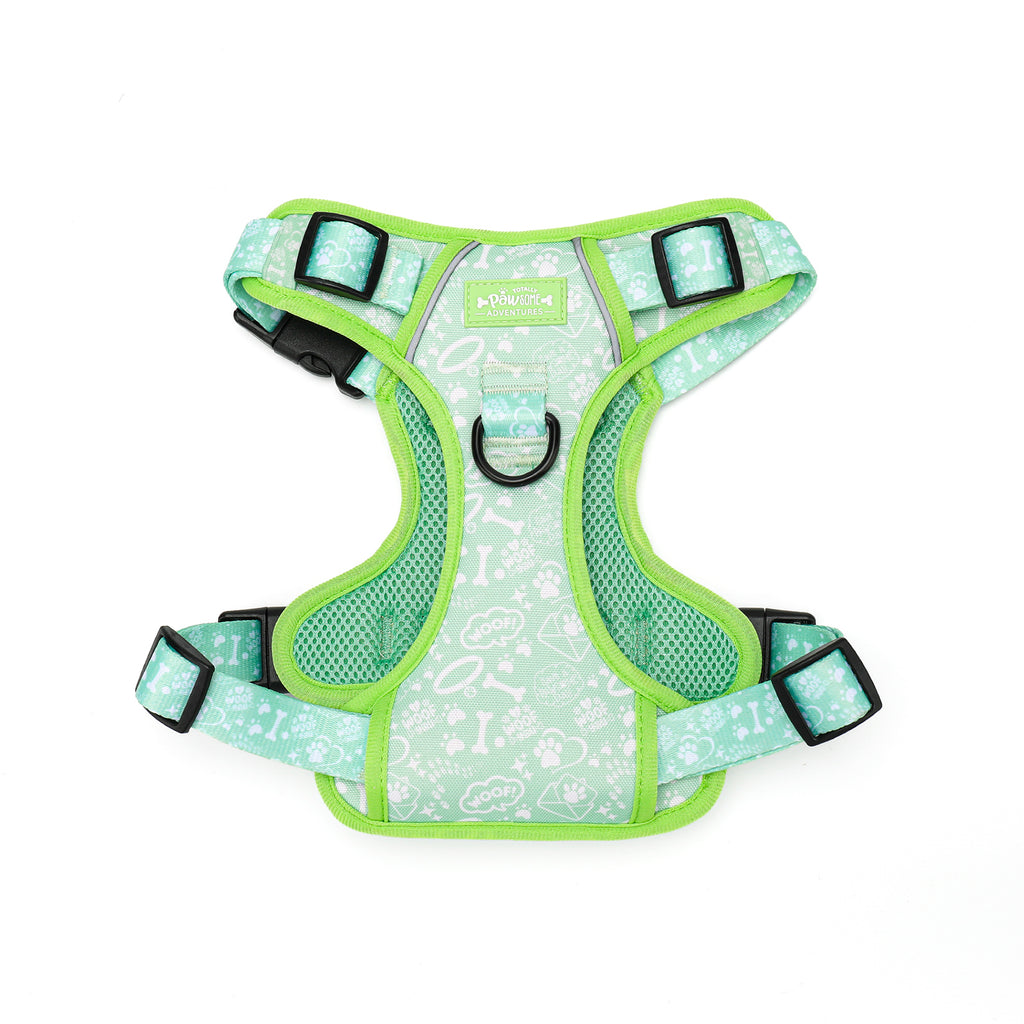 Dog harness with green trim on a white background