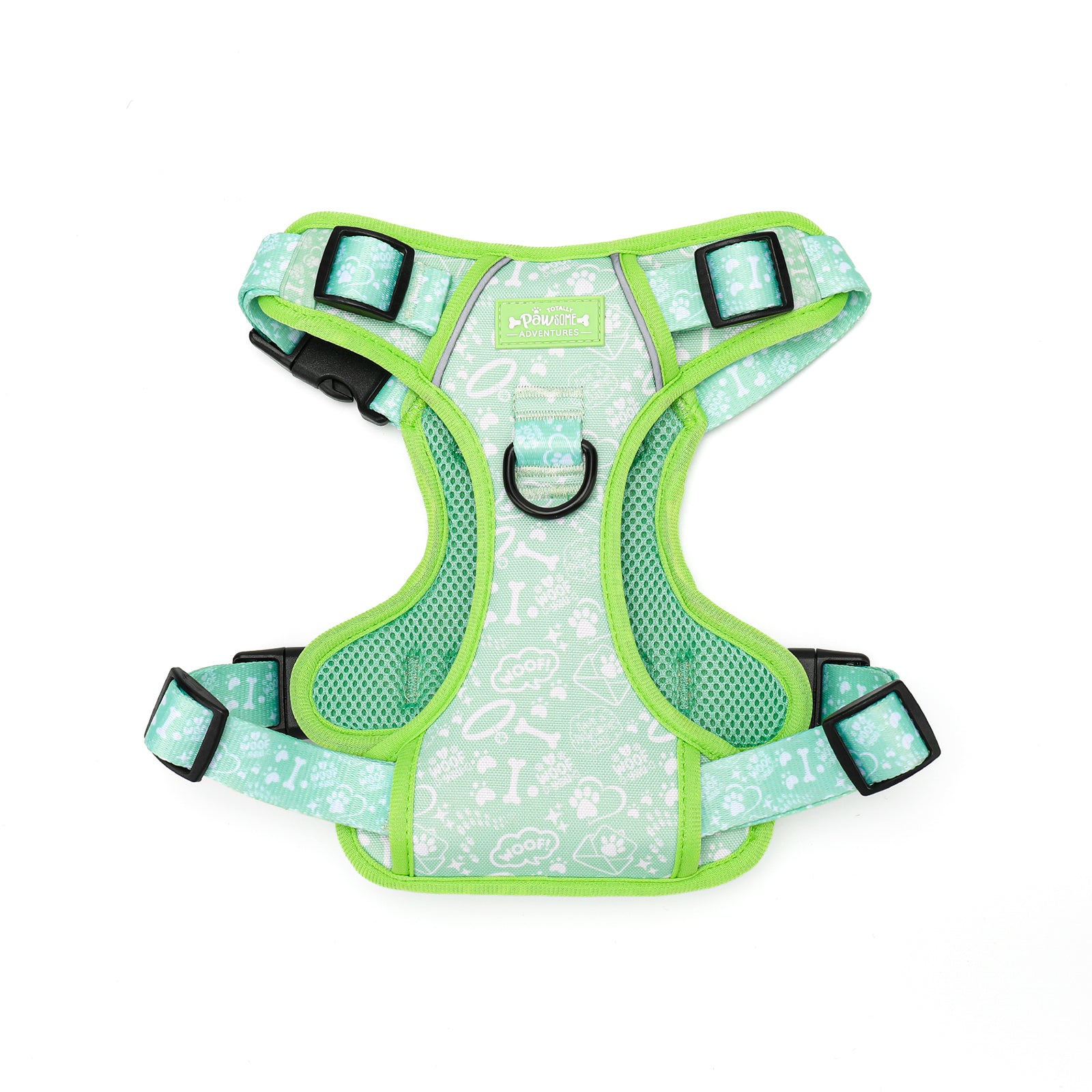 Dog harness with green trim on a white background