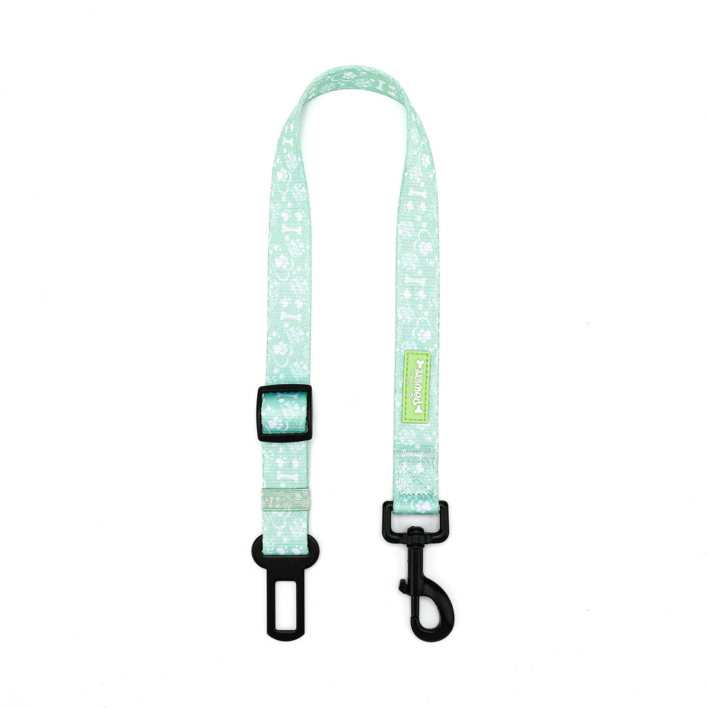 Dog seat belt restraint with patterned design on a white background