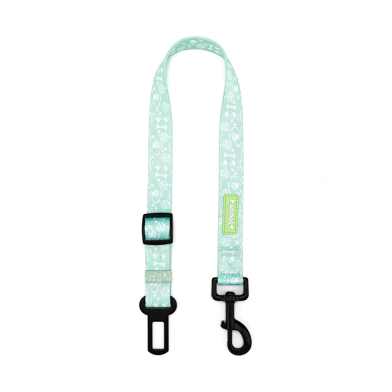 Dog seat belt restraint with patterned design on a white background