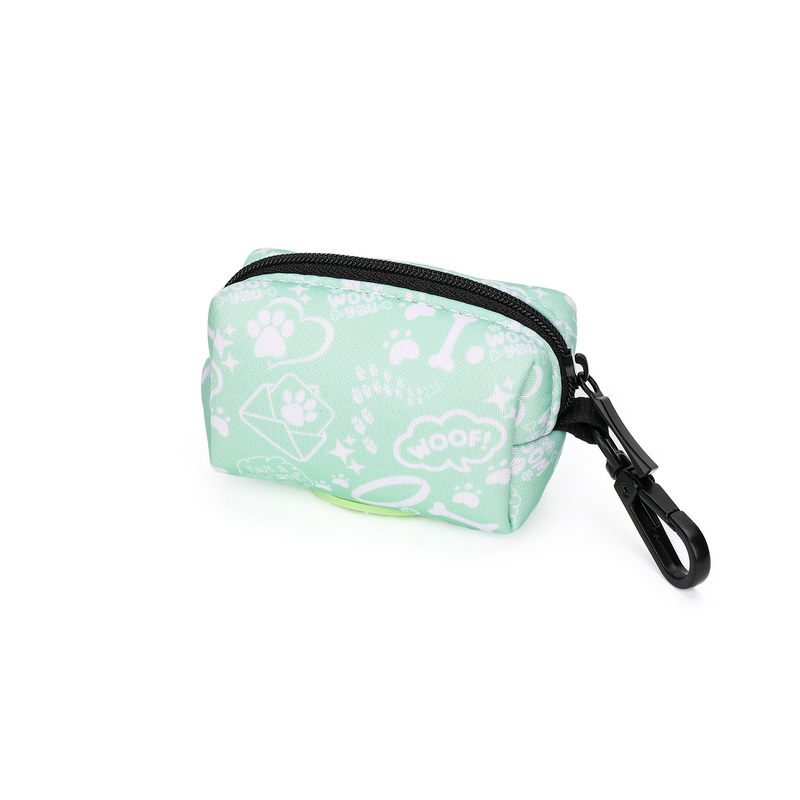 green poop bag holder with white patterns and a black zipper on a white background
