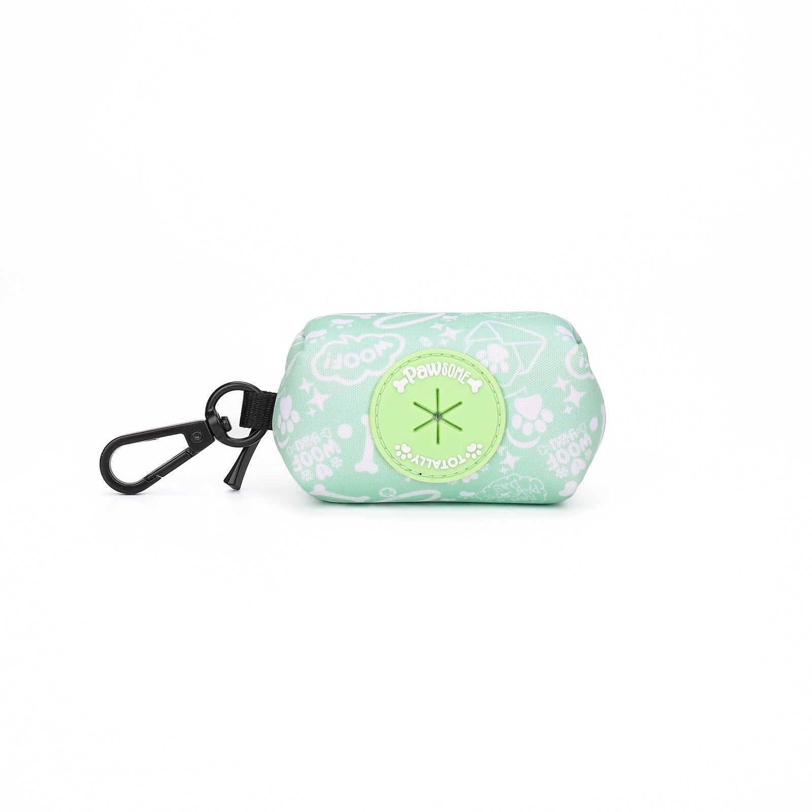 green dog poop bag holder with pattern and brand logo on a white background