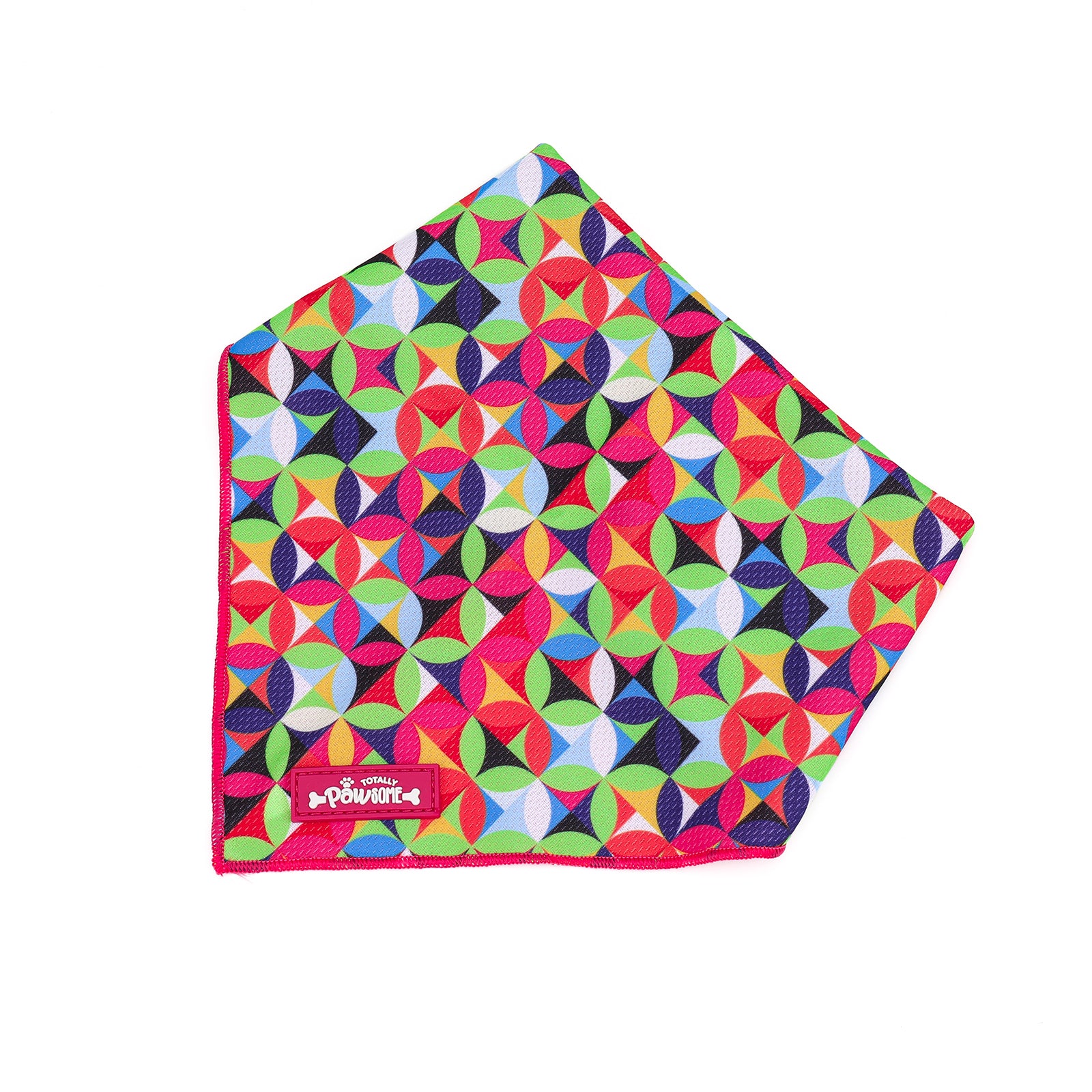 Colorful geometric patterned dog bandana with a visible brand logo on a white background