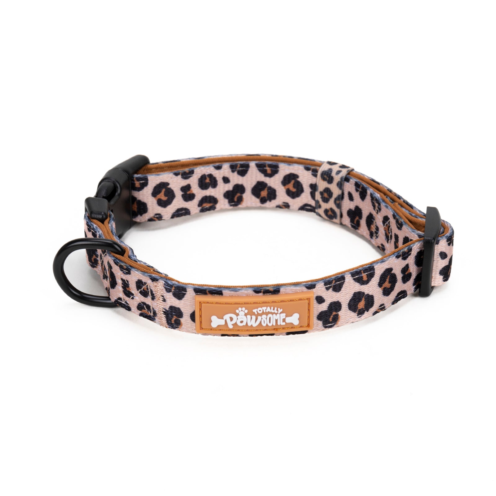 Leopard print dog collar with a visible brand label on a white background