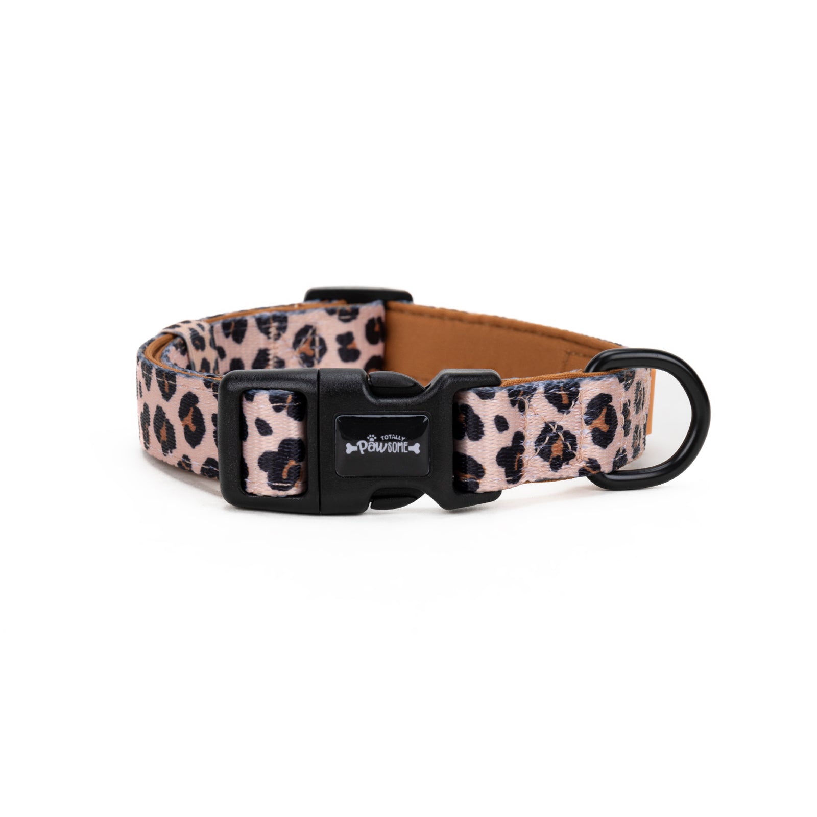Leopard print dog collar with black buckle on a white background