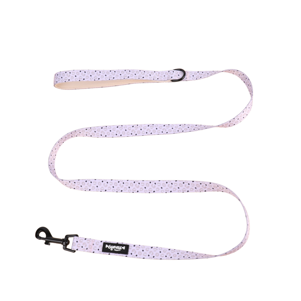 Dog leash with pink and white pattern on a white background