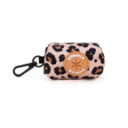 Leopard print pouch with a brand logo on a white background