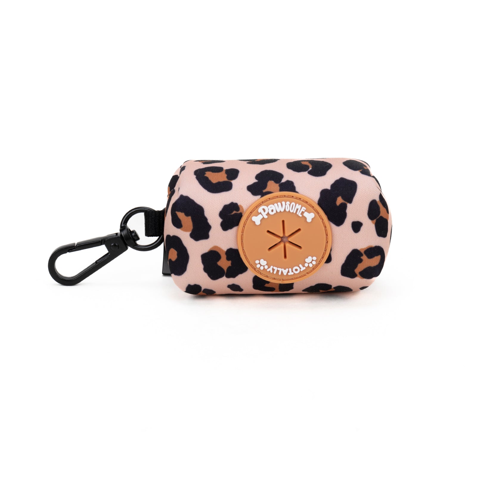 Leopard print pouch with a brand logo on a white background