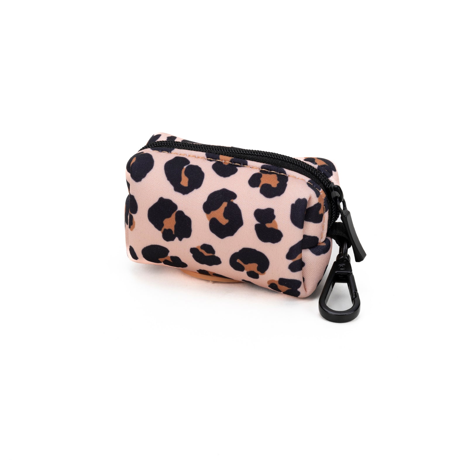Leopard print pouch with a black zipper on a white background