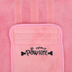 Pink Unicorn Velcro belly strap and ‘Pawsome’ logo label on Magical Unicorn‑pup dog drying robe