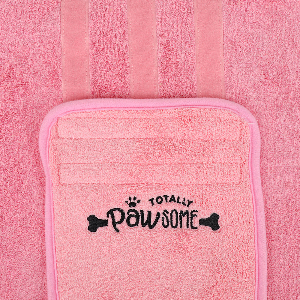 Pink Unicorn Velcro belly strap and ‘Pawsome’ logo label on Magical Unicorn‑pup dog drying robe