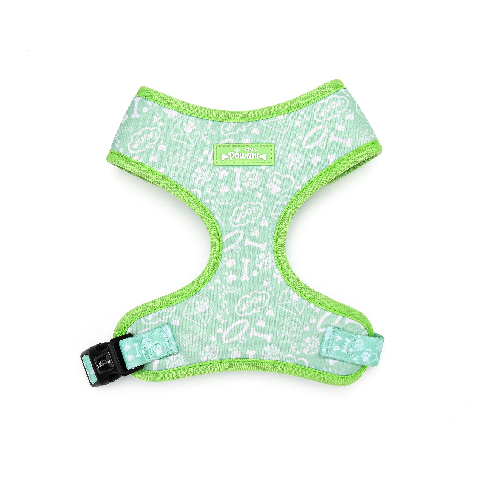 Dog harness with green border and white pattern on a white background