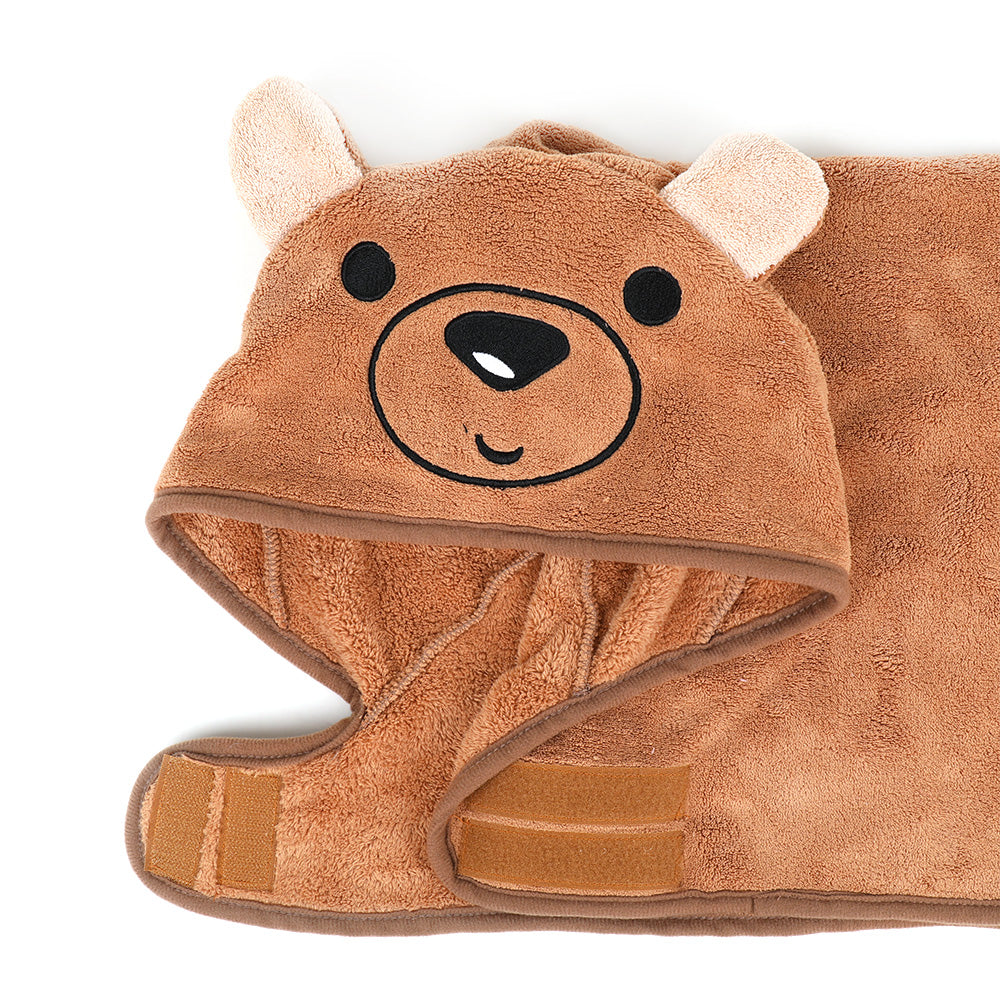 Folded Mr Bear Pawsome dog drying robe in brown microfibre with hood and bear ears