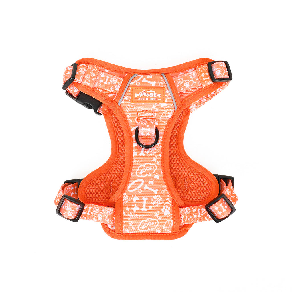 Orange dog harness with white patterns on a white background