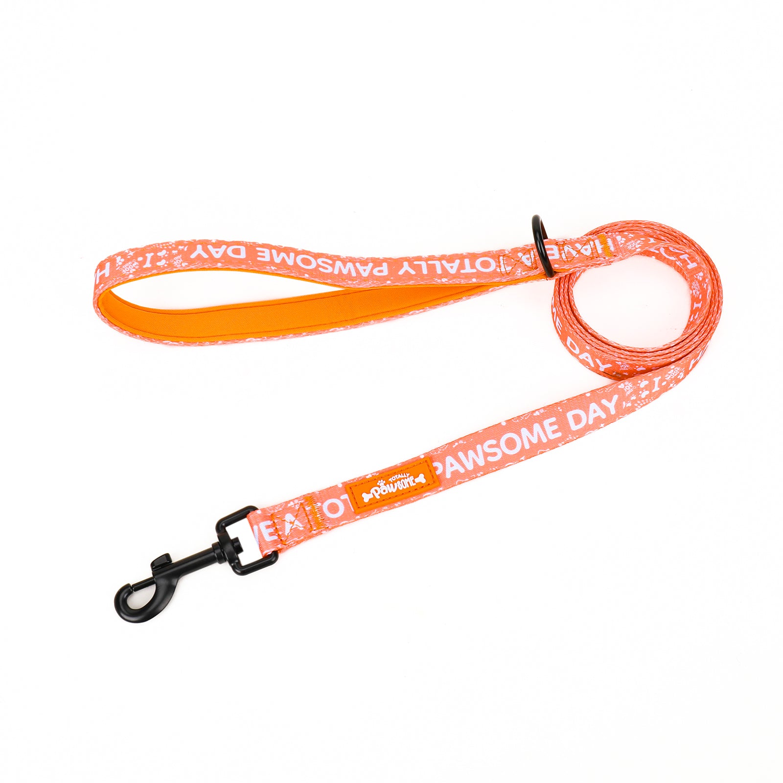 Orange dog leash with text on a white background