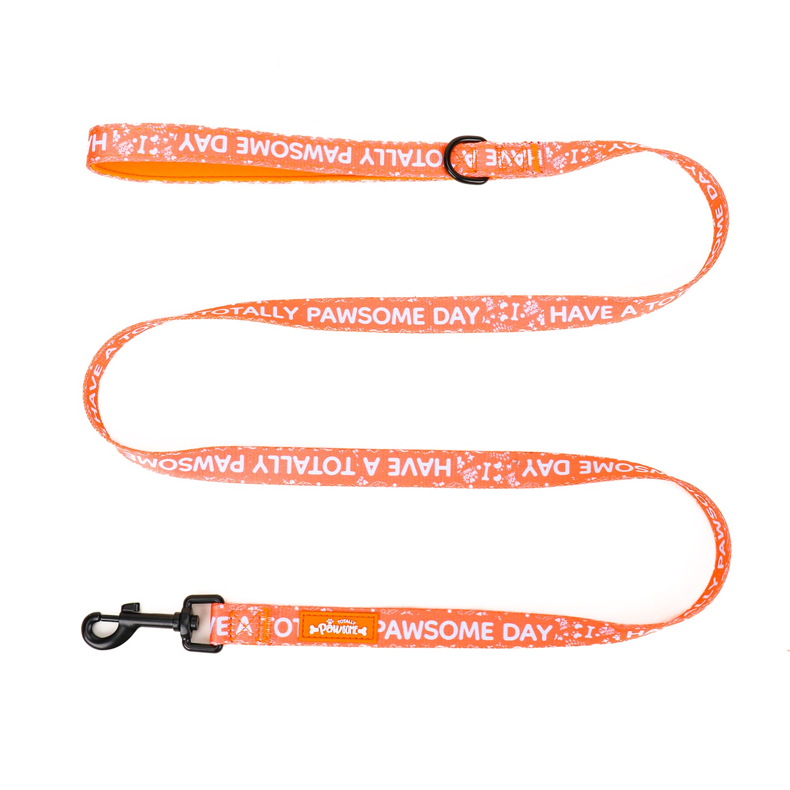 An orange dog lead with text pattern and a padded handle.