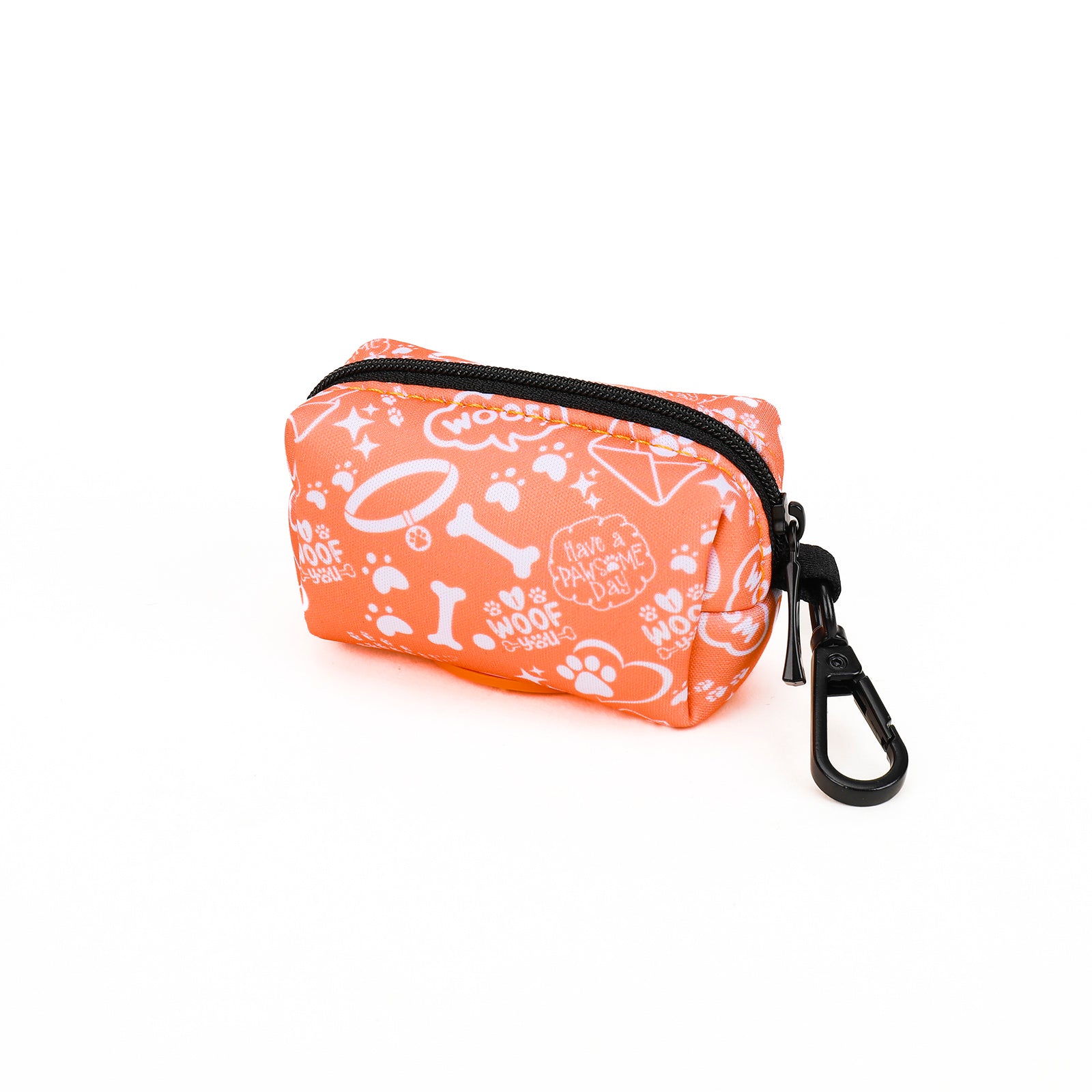 An orange dog poop bag holder with a zip close and a clip. It has a pattern of paw prints and text related to dogs.