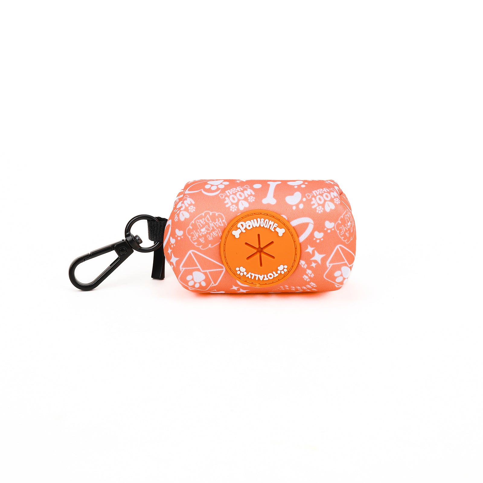 An orange dog poop bag holder with a pattern of paw prints and text, featuring a carabiner clip and a brand logo on the front.