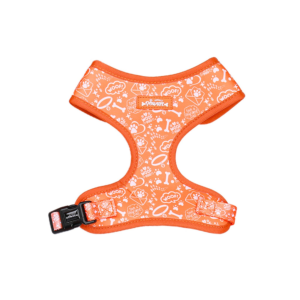 Orange dog harness with white patterns on a white background