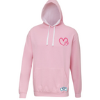 Pink hoodie with a heart design on a white background