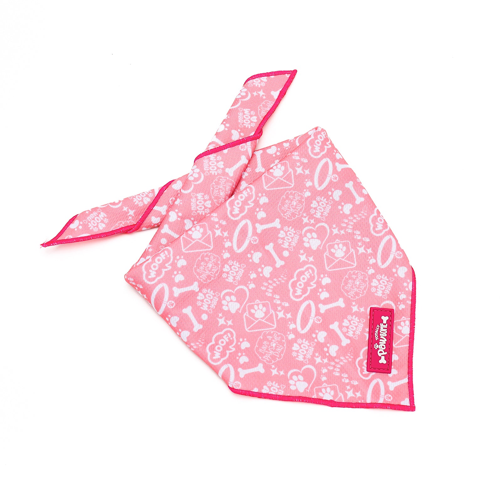 Pink dog bandana with white patterns on a white background