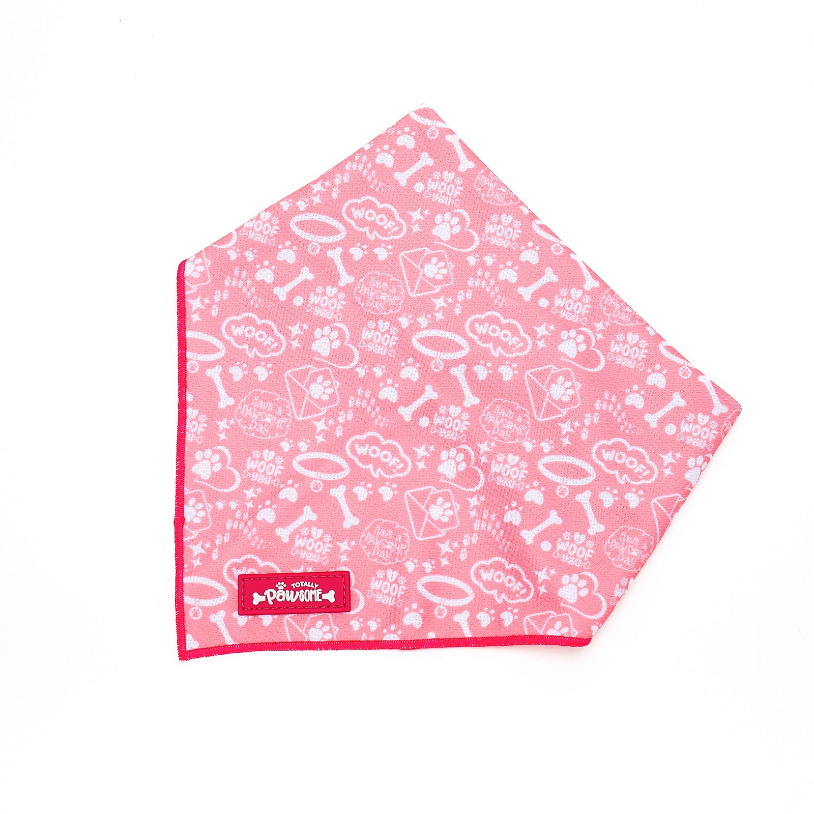 Pink bandana with white paw print pattern on a white background