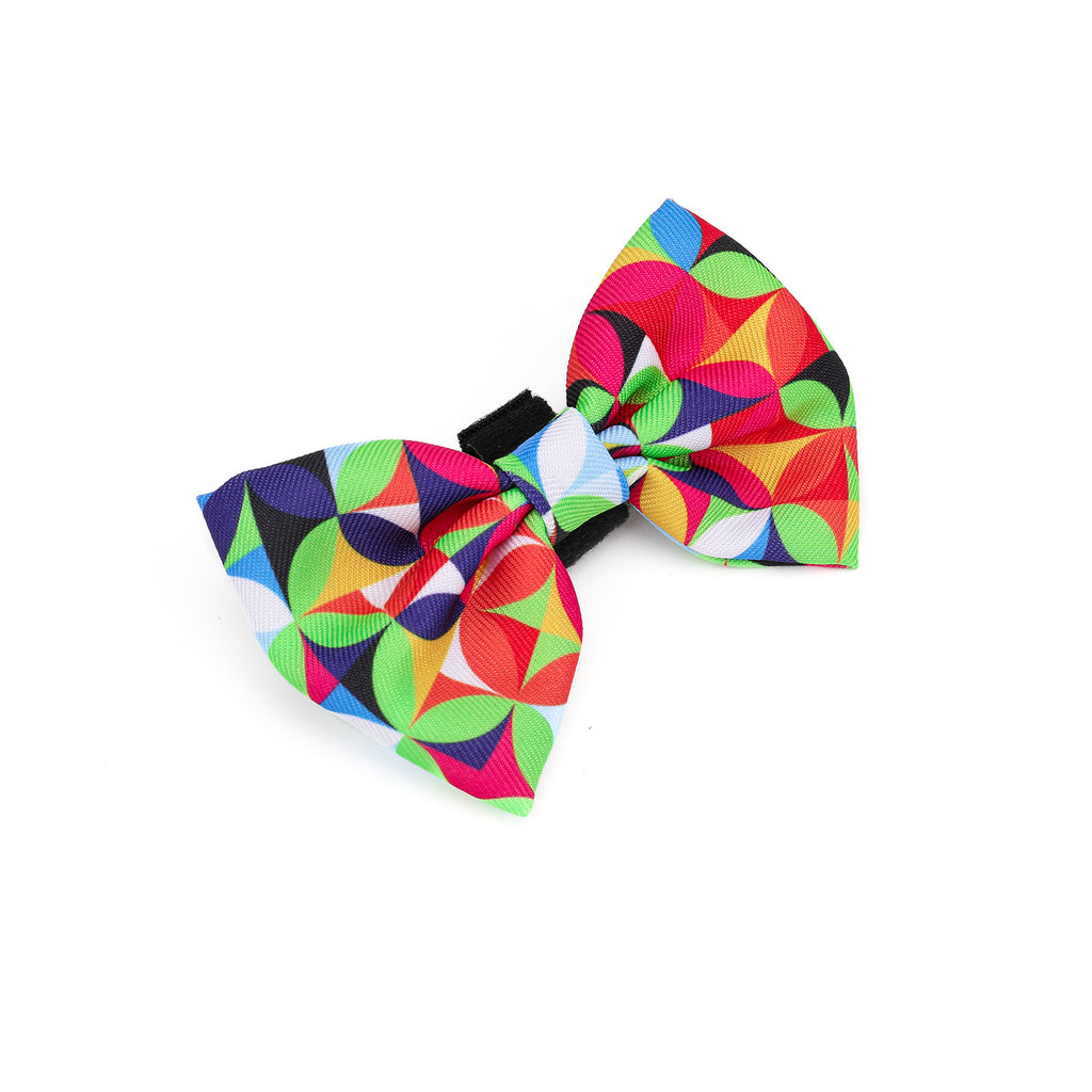 Colorful geometric patterned bow tie on a white background