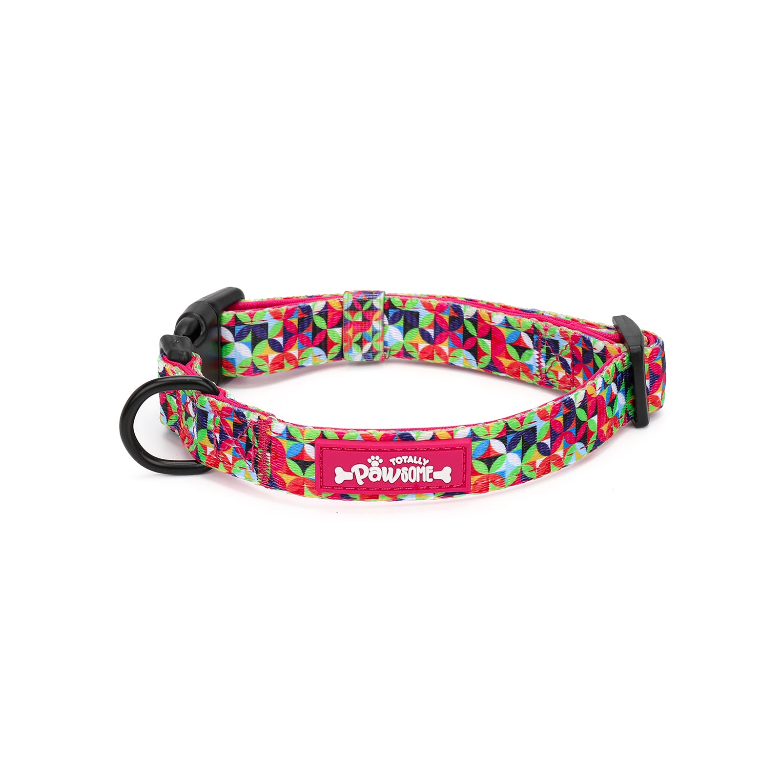 Colorful patterned dog collar with a brand logo on a white background