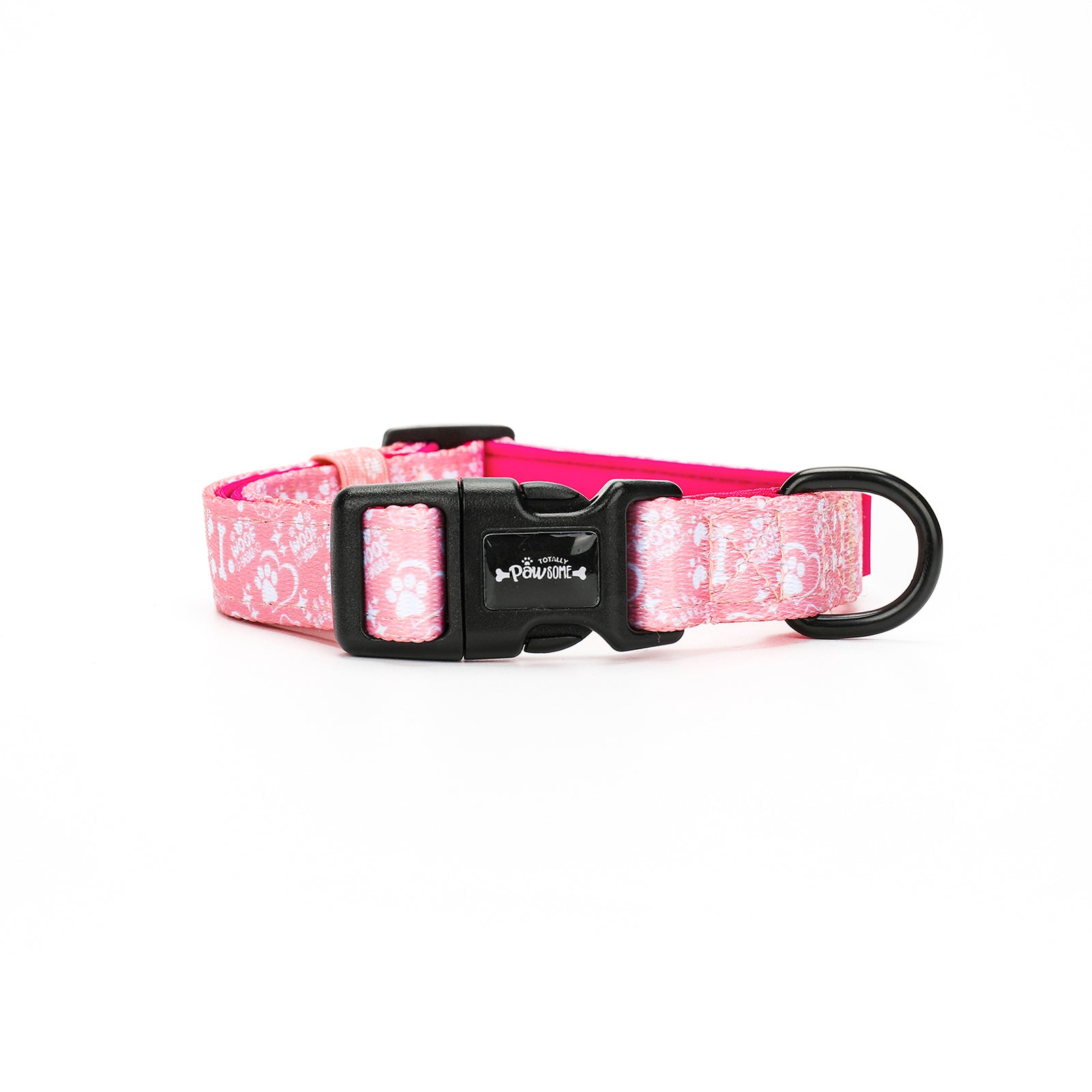 Pink patterned dog collar with a black buckle on a white background