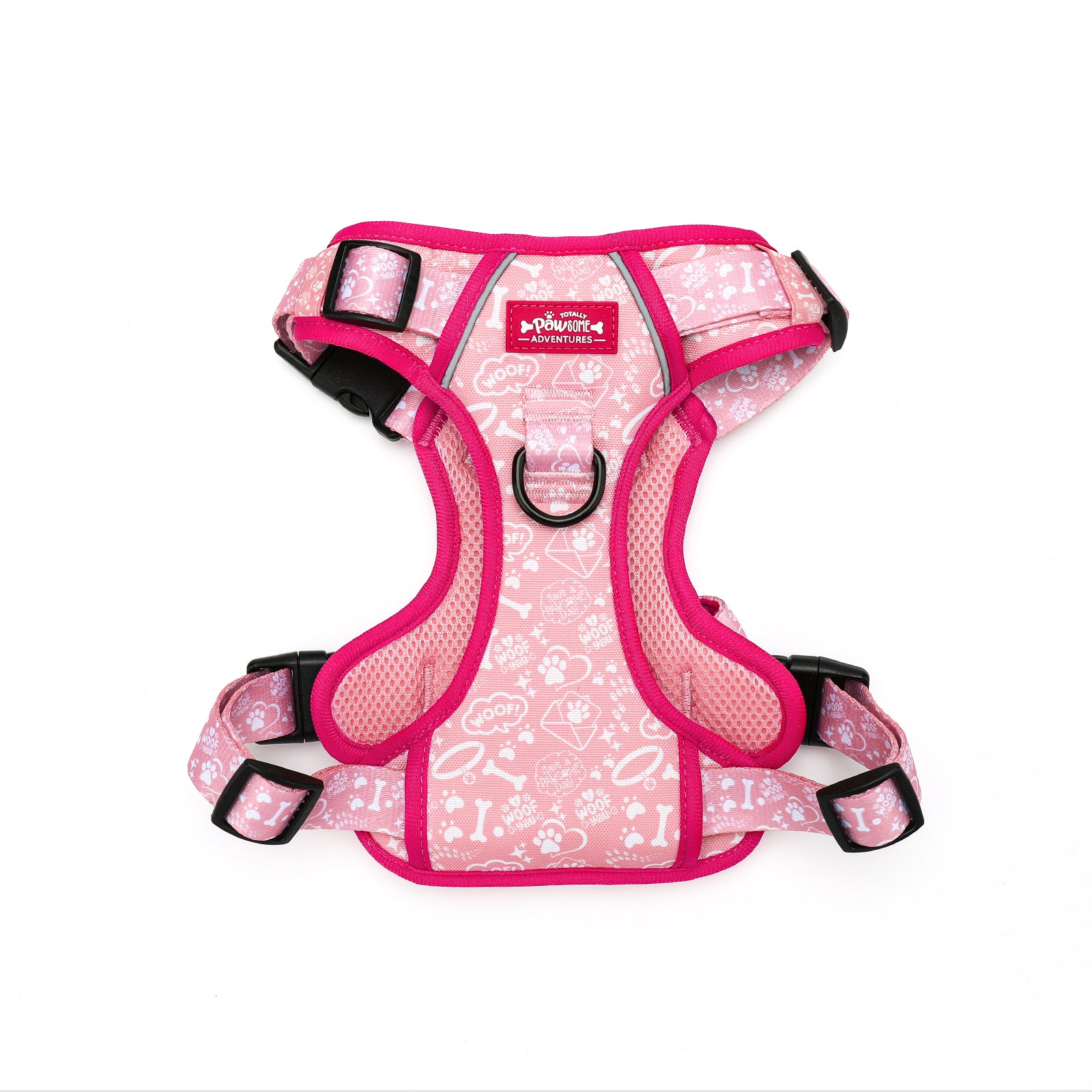 Pink dog harness with white patterns on a white background