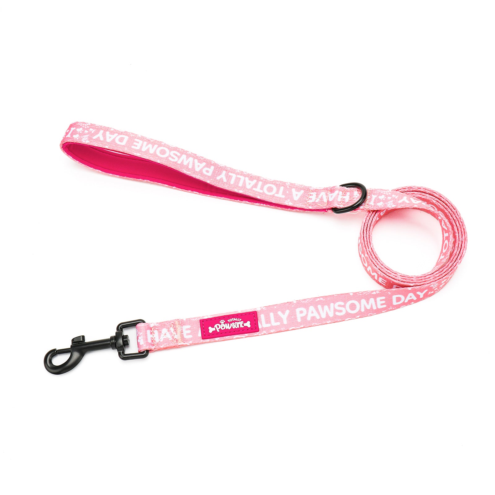 Pink dog leash with text on a white background