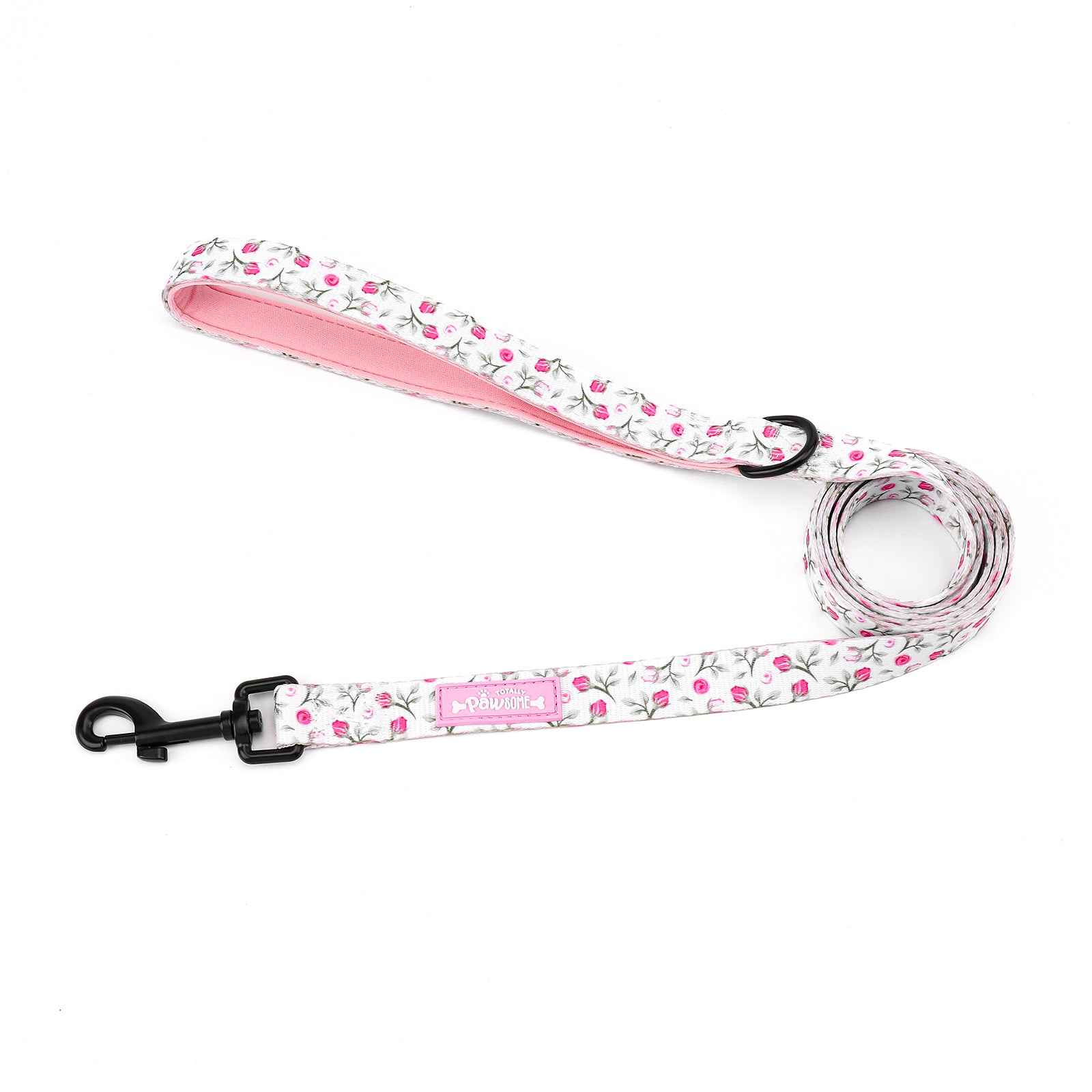 Floral patterned dog leash with pink handle on a white background